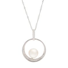 "A circle pendant emphasized with a freshwater cultured pearl and cubic zirconia accents gives this necklace a brilliant look. PENDANT DETAILS Pendant length: 1 in. Chain length: 18 in. Chain type: curb Clasp: spring-ring Metal: sterling silver Plating: rhodium Packaging: boxed CULTURED PEARL DETAILS Type: freshwater Shape: round Size: 7-8 mm Color: bleached whiteCUBIC ZIRCONIA DETAILSTotal weight: less than 1/10 ct.Shape: roundSetting: paveGemstones may have been treated to enhance their appear Round Pearl Pendant Necklaces For Anniversary, Pearl Charm Round Necklace For Anniversary, Anniversary Pearl Charm Necklace, Round Pearl Charm Necklace For Anniversary, Diamond Pearl Pendant Necklace, Elegant Pearl Jewelry In Circle Shape, Elegant Circular Pearl Jewelry, Elegant Pearl Circle Jewelry, Elegant Circle Pearl Jewelry