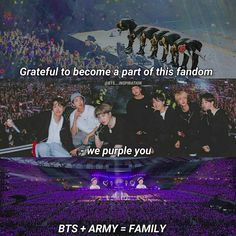 the bts and army are on stage at an event with words above them that read, grateful to become part of this fandom we purple you