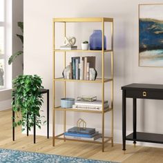 a living room scene with focus on the bookshelf and table in the foreground