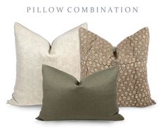 three pillows in different colors and sizes with the words pillow combination written below each one