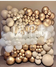 balloons and confetti are arranged in the shape of a letter that says let's party