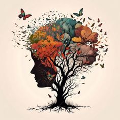 a woman's head is surrounded by trees and butterflies