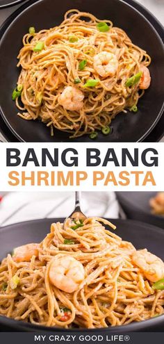 two pictures of shrimp and noodles in a pan with the words bang bang shrimp pasta