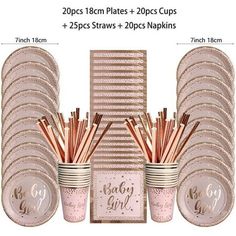 pink and gold baby girl party supplies including cups, plates, napkins and straws