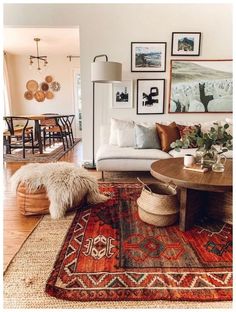 a living room filled with lots of furniture and pictures on the wall above it's coffee table