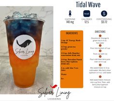 an orange and blue drink with ice on the top, next to information about it