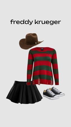 a woman wearing a red and green striped sweater, black pleated skirt, white converse sneakers