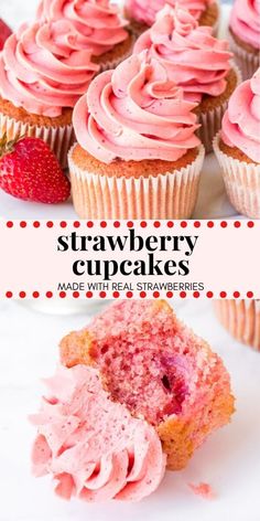 strawberry cupcakes with pink frosting and strawberries in the background text reads strawberry cupcakes made with real strawberries