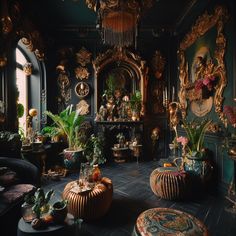 a living room filled with furniture and lots of plants on the tables in front of it