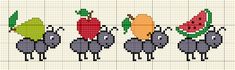 the cross stitch pattern shows three birds carrying watermelon and radishes in their beaks