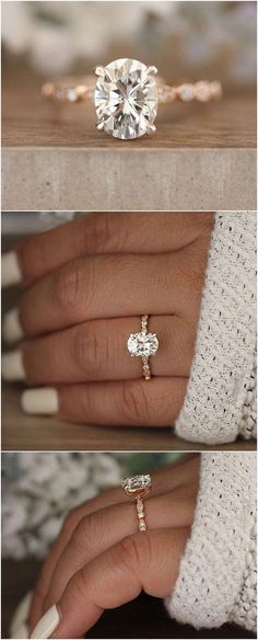 three different views of a woman's hand with an engagement ring on top and the other