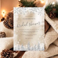 an elegant winter bridal shower party with pine cones and snowflakes on top