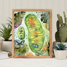 a painting of a caterpillar surrounded by cacti and succulents