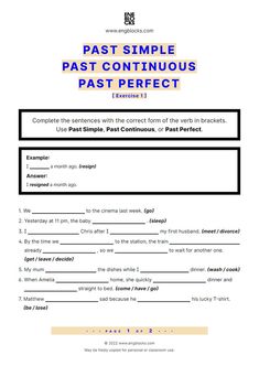 #english #englishgrammar #esl #eslwebsite #pastsimple #pastcontinuouns #pastperfect #eslworksheet #engblocks Past Perfect Worksheets, Past Tense Worksheet, Tenses English, Simple Past