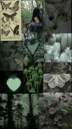 a collage of images with butterflies and trees