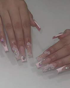 ig: glammed.by.daisy Long Acrylic Nail Designs Tapered Square, Xv Pink Nails, Pink Nails With Pearls On Them, Long Pink Acrylics, Nail Inspo Quince, Pink 15 Nails, Nails No Gems, Médium Nails, Long Nails With Flowers