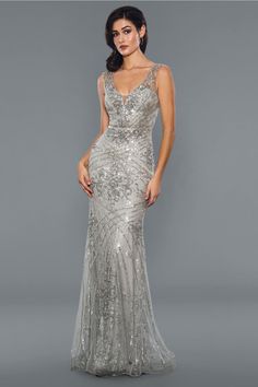 Stella Couture 21048 Sleeveless Beaded Sheath Prom Evening Gown - SILVER / 12 - Dresses Silver Gowns Elegant Evening, Silver Gowns Elegant, Silver Evening Gowns, Champagne Formal Dresses, Modest Formal Dresses, 18th Bday, Light Blue Prom Dress, Navy Blue Bridesmaid Dresses, Silver Gown