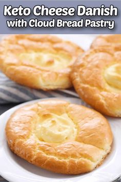 three round breads on a plate with the words low carb keto gluten - free cloud bread danish