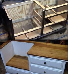 two pictures side by side one with drawers and the other with shelves in it, both being painted white