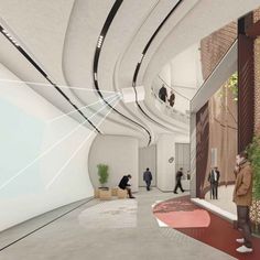 an artist's rendering of the interior of a building with people walking through it