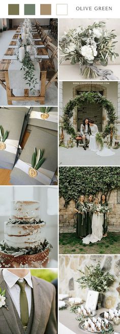 a collage of photos with different wedding colors and greenery on the top right