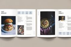 the inside pages of a cookbook with pictures of burgers and other food items