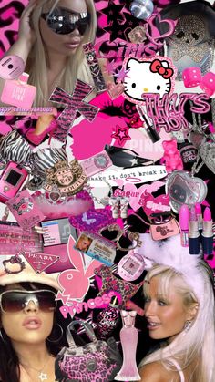 a collage of pink and black pictures with two women in the middle, one wearing sunglasses