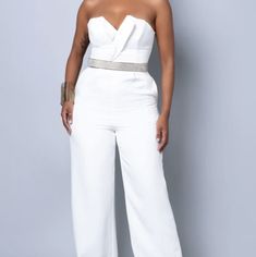 White Jumpsuit Without Belt Cheap Stretch White Jumpsuits And Rompers, Chic White Strapless Jumpsuit For Party, Elegant White Strapless Jumpsuit For Summer, Elegant White Strapless Jumpsuit For Party, White Strapless Jumpsuit For Spring Party, White Strapless Jumpsuit For Night Out In Spring, Elegant White Jumpsuits And Rompers For Night Out, Fitted White Strapless Jumpsuit For Spring, White Strapless Jumpsuit For Spring Evenings