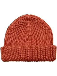 clay orange merino wool ribbed knit turn-up brim pull-on style Solid Knit Beanie For Fall, Ribbed Beanie For Cold Weather In Fall, Fall Wool Ribbed Beanie, Ribbed Wool Beanie For Fall, Ribbed Knit Beanie For Fall, Classic Knitted Beanie For Fall, Ribbed Beanie For Fall, Ribbed Beanie Hats For Fall, Spring Ribbed Beanie Hat