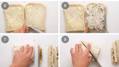 four pictures showing how to make a sandwich