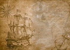 an old pirate ship is depicted in this artistic photo, with the map and compass on it