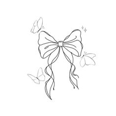 a black and white drawing of a bow with three butterflies flying around on the side