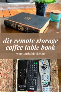 DIY storage solution for remote controls from a coffee table book.  DIY coffee table storage book Coffee Table For Apartment, Coffee Table Remote Control Storage, How To Hide Remote Controls, Diy Remote Control Holder Living Rooms, Book Hiding Place Diy, Organize Recycling Storage Solutions, Coffee Table Shelf Decor, Diy Book Table, Coffee Table Book Storage