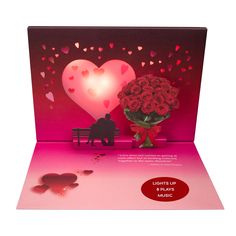 a valentine's day card with a couple sitting on a bench next to a heart shaped balloon