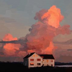 an oil painting of a house in the middle of a field with clouds above it