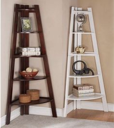 a white ladder leaning against a wall next to a book shelf