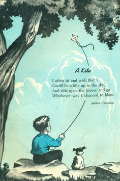 a little boy flying a kite next to a tree with a dog sitting on the ground