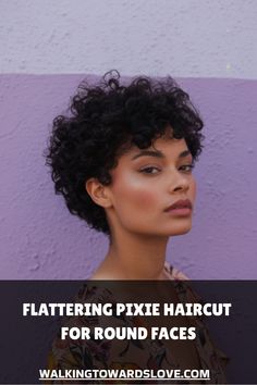 Woman with a curly pixie haircut against a purple wall. Wavy Pixie Cut Round Face, Chic Pixie Haircut, Short Hair Round Face Plus Size, Wavy Pixie Haircut, Haircut For Round Faces, Wavy Pixie Cut