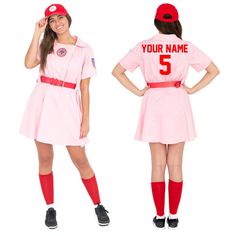 two women dressed in pink uniforms and red socks, one wearing a baseball uniform with your name on it