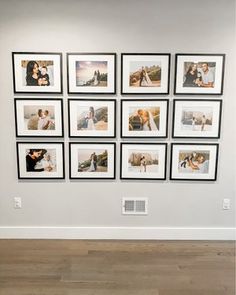 a wall with many pictures hanging on it's side and a wooden floor in front of it