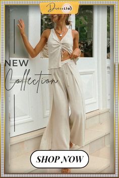 Beige Crop Top and Pants Matching Sets Casual Summer Pant Set With Straight Pants, Casual Straight Pant Set For Summer, Summer Loungewear Set With Ankle-length Pants, Casual Sets With Straight Pants For Day Out, Summer Lounge Sets With Ankle-length Pants, Casual Summer Pant Set With Wide-leg Pants, Casual Summer Wide-leg Pant Set, Summer Beige Pant Set, Casual Beige Pant Set For Spring