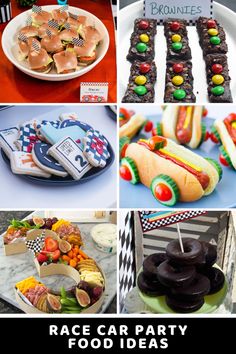 a collage of pictures with different foods and desserts on them, including hot dogs