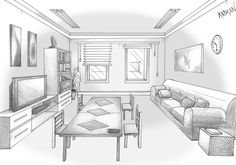 a drawing of a living room with couches, tables and television in the corner