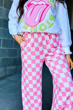 White and Pink Checked Comfy Wide Leg Pants | Checkmate Pants – Mindy Mae's Market Pink And White Checkered, Long Sleeve Shirt Outfits, Bright Colored Outfits, Modesty Outfits, Pastel Outfit, Checkered Print, She Is Clothed, Cute Comfy Outfits, Colourful Outfits