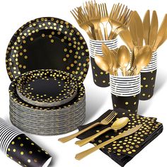 black and gold party supplies with polka dot paper plates, napkins, forks and cups