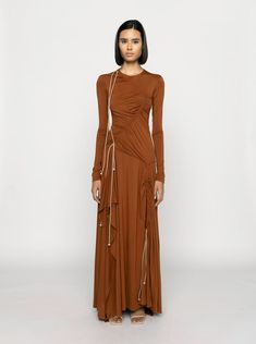 Jersey Fabric Outfit, Jersey Dress Outfit, Long Jacket Dresses, Donna Karan Dress, Tencel Fabric, Jersey Knit Dress, Cut Dress, Creative Stuff, Brown Outfit