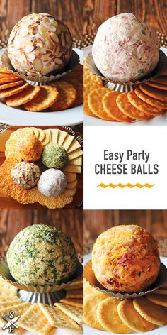 cheese balls and crackers on plates with the words easy party cheese balls