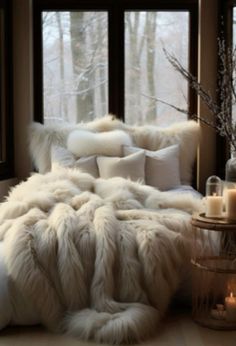 a living room filled with lots of furniture next to a window covered in white fur