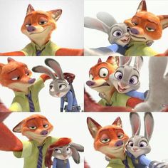 the fox and the bunny are hugging each other in different poses with their arms around each other