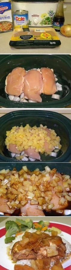 the process of making chicken and rice casserole is shown in three different stages